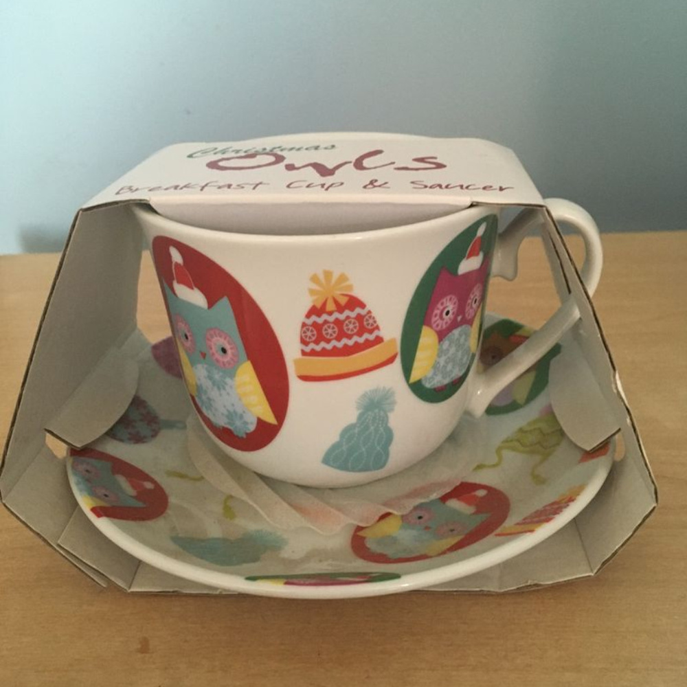 Christmas Owls Breakfast Cup & Saucer Set NEW